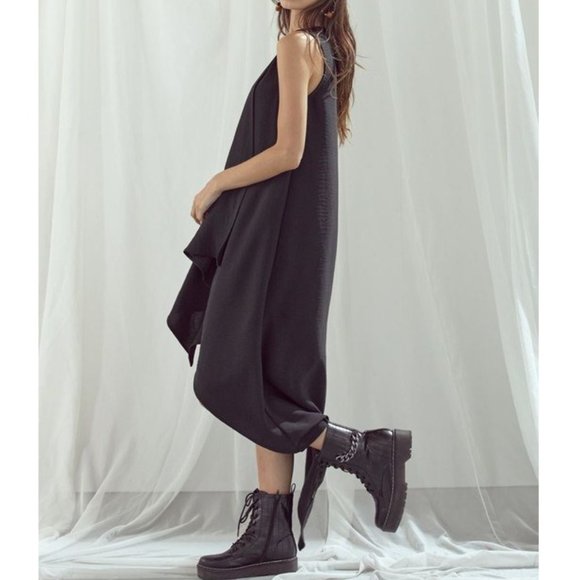 Black V-Neck Draped Sleeveless High Low Dress - Picture 3 of 6